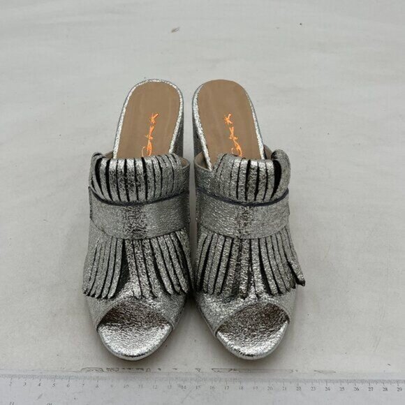XYD Silver Open Toe Mules with Fringe Slip On High Chunky Heels Summer Sandals - Picture 3 of 8